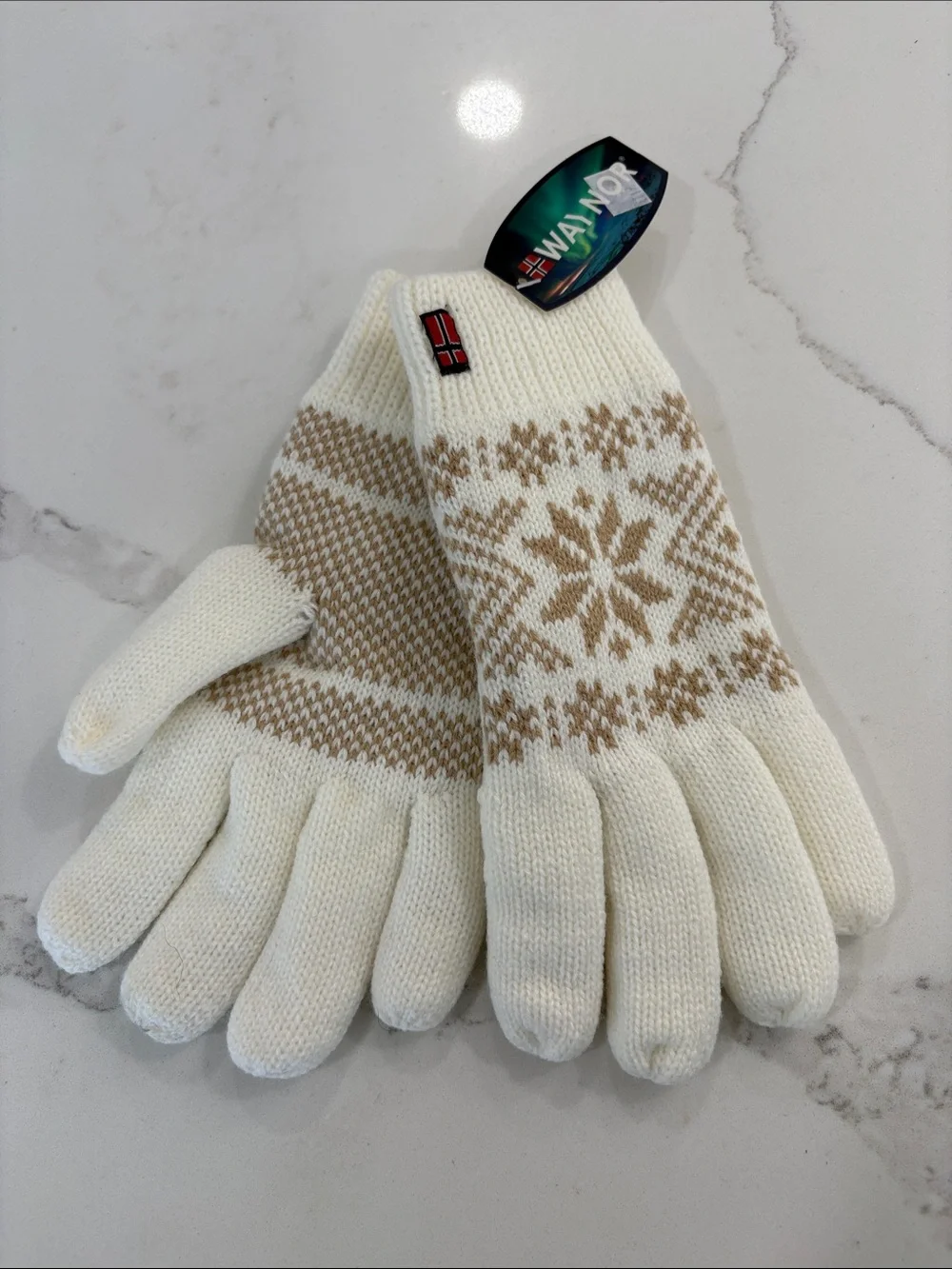 Ivory White & Tan Fair Isle Knit Fleece Lined Gloves